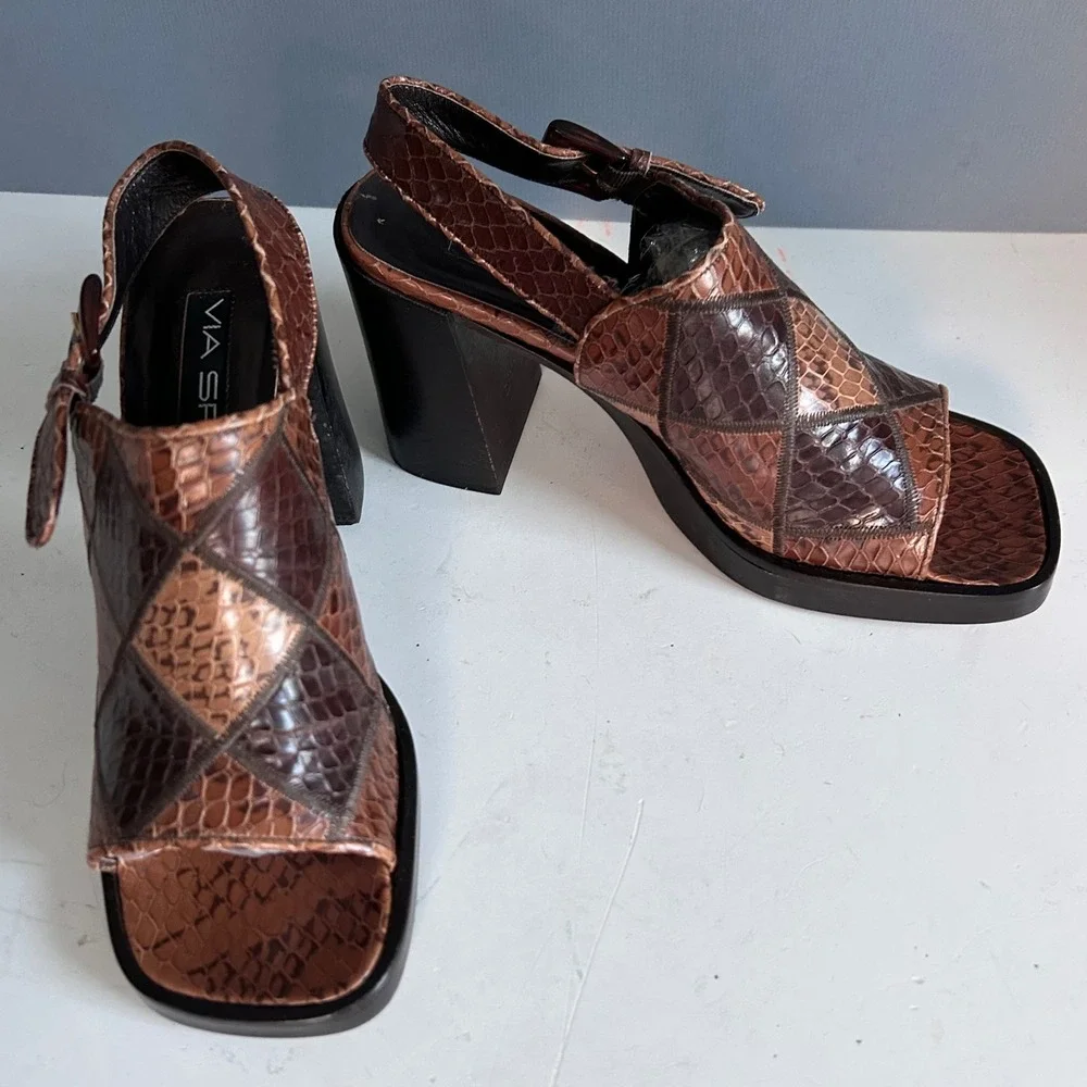 Y2K Via Spiga Patchwork Snakeskin Slingback Block Heel Sandal Brown Size 7 Italy